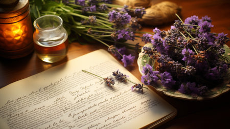 Lavender oil, lavender flowers, book and candles on wooden tableの素材