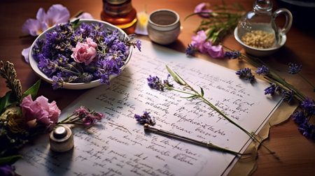 Lavender flowers, dry lavender and old handwritten letter.の素材