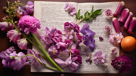 Bouquet of spring flowers and old book on wooden background.の素材