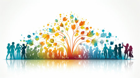 People silhouettes with tree and autumn leaves, abstract vector background.の素材