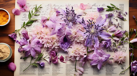 Flower bouquet on the old book background. Top view.の素材