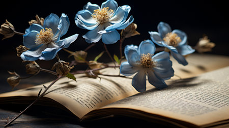 Beautiful Flower on note paper, serene poetry concept, flat lay.の素材
