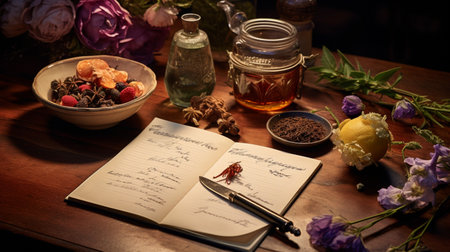 Beautiful Flower on note paper, serene poetry concept, flat lay.の素材