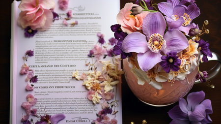 Beautiful Flower on note paper, serene poetry concept, flat lay.の素材