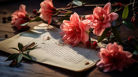 Bouquet of pink sakura flowers and old book on wooden tableの素材