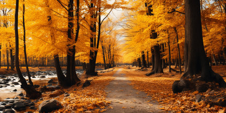 Autumn forest Scenery with road and warm sunlight shine through branches of trees, colorful nature.の素材