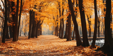 Autumn forest Scenery with road and warm sunlight shine through branches of trees, colorful nature.の素材