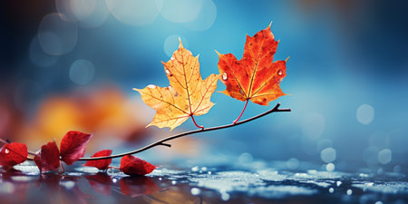 closeup colorful autumn bright autumn leaf, beautiful serene scenery, copy space for greeting card.の素材