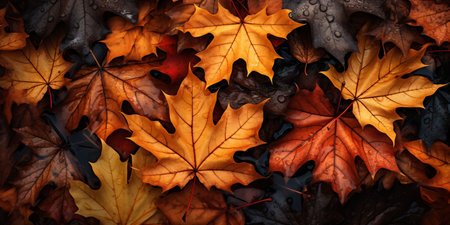 closeup colorful autumn bright autumn leaf, beautiful serene scenery, copy space for greeting card.の素材