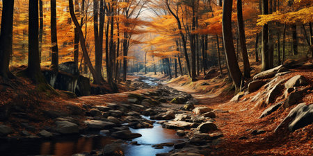 Autumn forest Scenery with road and warm sunlight shine through branches of trees, colorful nature.の素材