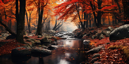 Autumn forest Scenery with road and warm sunlight shine through branches of trees, colorful nature.の素材