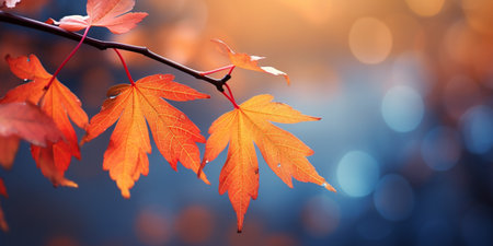 closeup colorful autumn bright autumn leaf, beautiful serene scenery, copy space for greeting card.の素材