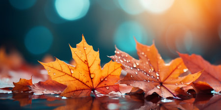 closeup colorful autumn bright autumn leaf, beautiful serene scenery, copy space for greeting card.の素材