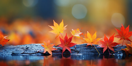 closeup colorful autumn bright autumn leaf, beautiful serene scenery, copy space for greeting card.の素材