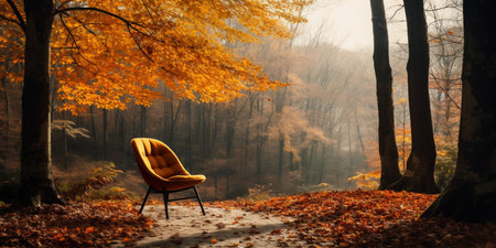Autumn forest Scenery with road and warm sunlight shine through branches of trees, colorful nature with Lonesome chair.の素材