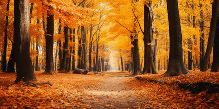 Autumn in the park. Beautiful autumn forest with fallen leaves.の素材