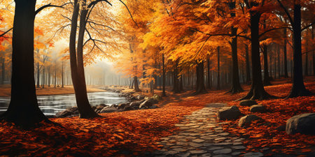 Autumn forest Scenery with road and warm sunlight shine through branches of trees, colorful nature.の素材