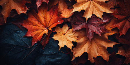 Autumn maple leaves background. Colorful autumn leaves background. Top view.の素材