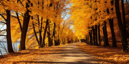 Beautiful autumn landscape with road and yellow trees in the park.の素材