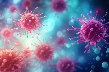 A group of cells that float on the surface of a background, cancer fighting 3d digital illustration, medical themesの素材
