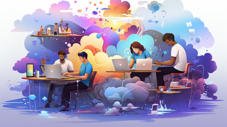 Business people working, connected to corporate network, using social mediaの素材