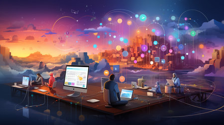 Business people working, connected to corporate network, using social mediaの素材