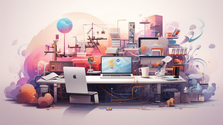 company workspace illustration, connected to corporate network, social mediaの素材