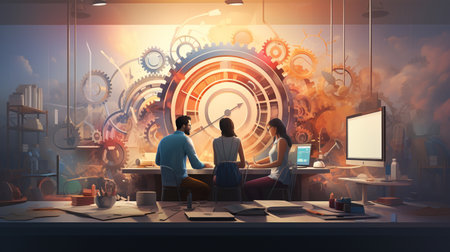 Business people working, connected to corporate network, using social mediaの素材