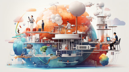Business people working, connected to corporate network, using social mediaの素材