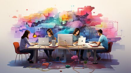 Business people working, connected to corporate network, using social mediaの素材