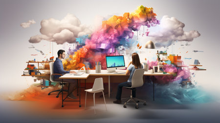Business people working, connected to corporate network, using social mediaの素材
