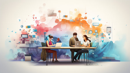 Business people working, connected to corporate network, using social mediaの素材