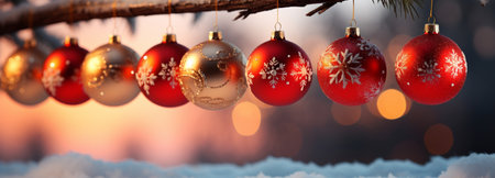Christmas Ornament on beautiful winter scenery, Xmas Ball, copy space, AI Generativeの素材