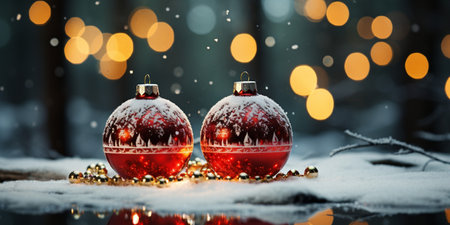 Christmas Ornament on beautiful winter scenery, Xmas Ball, copy space, AI Generativeの素材