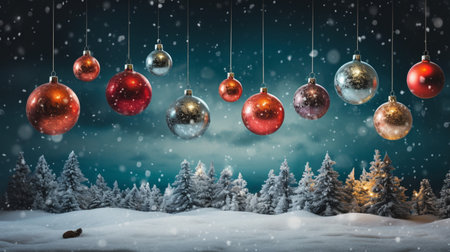 Christmas Ornament on beautiful winter scenery, Xmas Ball, copy space, AI Generativeの素材
