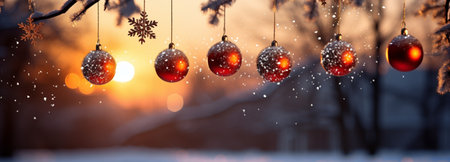 Christmas Ornament on beautiful winter scenery, Xmas Ball, copy space, AI Generativeの素材