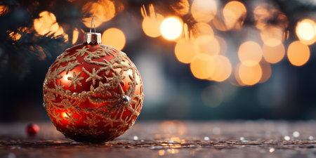 Christmas Ornament on beautiful winter scenery, Xmas Ball, copy space, AI Generativeの素材