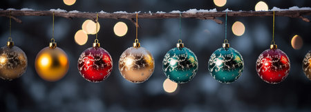 Christmas Ornament on beautiful winter scenery, Xmas Ball, copy space, AI Generativeの素材