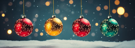 Christmas Ornament on beautiful winter scenery, Xmas Ball, copy space, AI Generativeの素材
