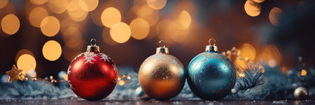 Christmas Ornament on beautiful winter scenery, Xmas Ball, copy space, AI Generativeの素材