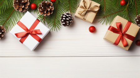 Christmas wrapping present, gift box with ribbon, copy space, AI Generativeの素材