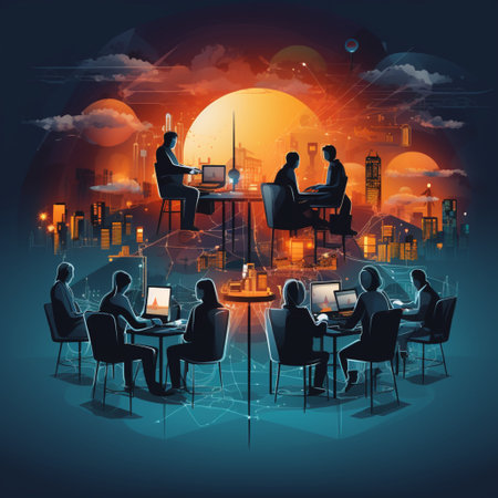 Group of business people working in the night city. Vector illustration.の素材