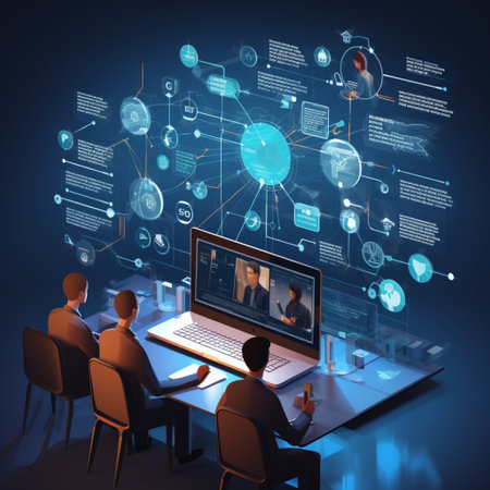Business people working together on laptop with social network interface. 3D renderingの素材