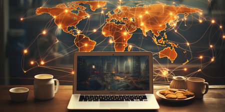 Laptop and coffee cup on wooden table with world map background. Double exposure.の素材