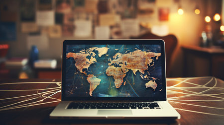 Laptop with world map on screen. Global business, communication and technology conceptの素材