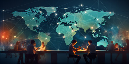Global communication and networking concept with people sitting at table and using laptopsの素材