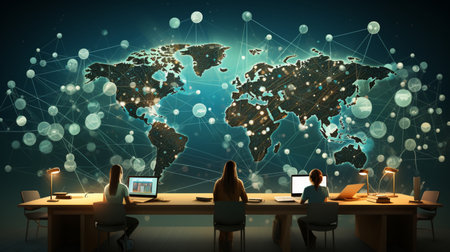 Group of business people sitting at table with laptops and digital world map on background 3D renderingの素材