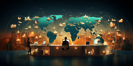 Businesswoman in her office with global network connection concept. Mixed mediaの素材