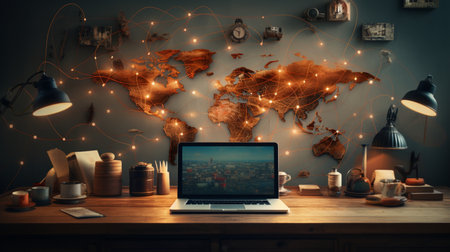 Laptop on a desk in a dark office with a world map in the backgroundの素材
