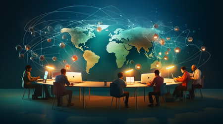 Global network concept with people working on computers and world map at nightの素材